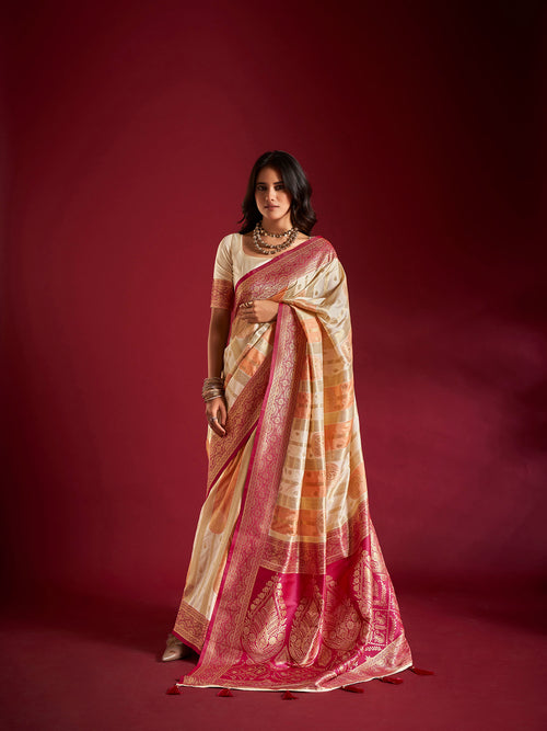 Dista Elora Pure Soft Silk Banarasi Weaving Saree- Cream & Orange