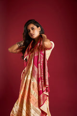 Dista Elora Pure Soft Silk Banarasi Weaving Saree- Cream & Orange, view 2