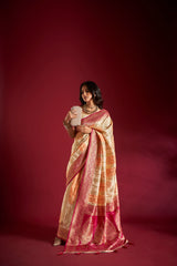 Dista Elora Pure Soft Silk Banarasi Weaving Saree- Cream & Orange, view 3