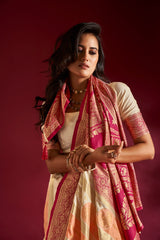 Dista Elora Pure Soft Silk Banarasi Weaving Saree- Cream & Orange, view 4