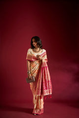 Dista Elora Pure Soft Silk Banarasi Weaving Saree- Cream & Orange, view 5