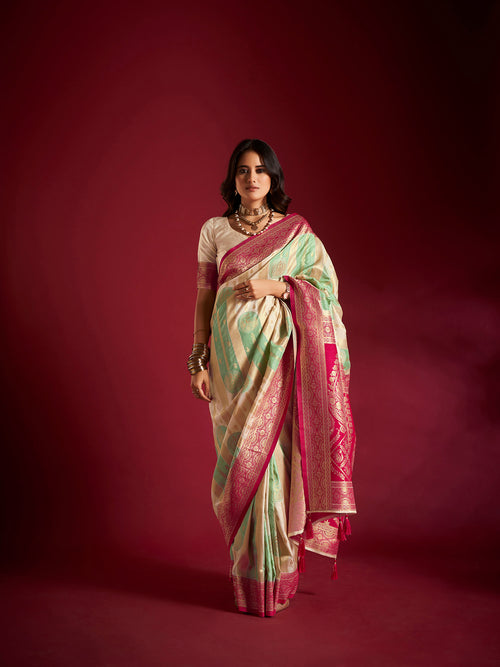 Dista Elora Pure Soft Silk Banarasi Weaving Saree- Cream & Sea Green