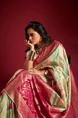Dista Elora Pure Soft Silk Banarasi Weaving Saree- Cream & Sea Green, view 2