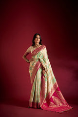 Dista Elora Pure Soft Silk Banarasi Weaving Saree- Cream & Sea Green, view 3