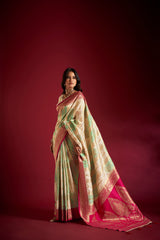 Dista Elora Pure Soft Silk Banarasi Weaving Saree- Cream & Sea Green, view 4