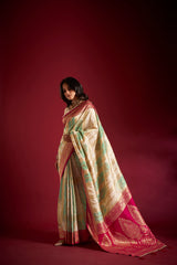 Dista Elora Pure Soft Silk Banarasi Weaving Saree- Cream & Sea Green, view 5