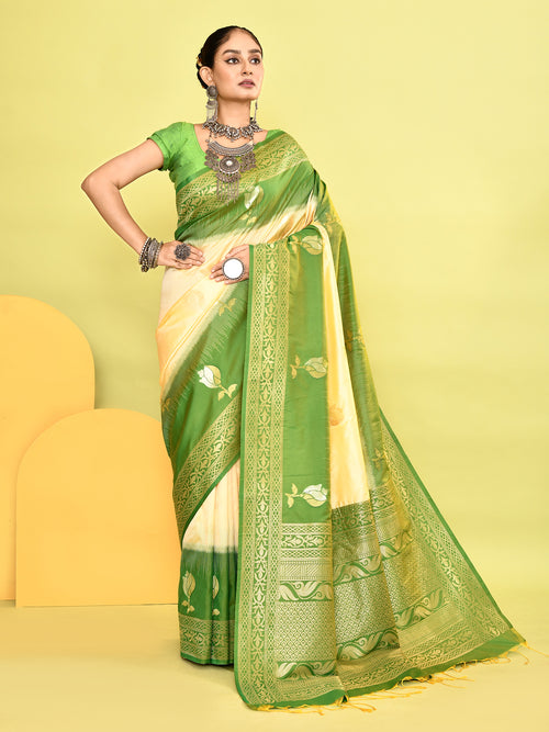 Dista Elora Pure Soft Silk Banarasi Weaving Silk Saree- Light Yellow