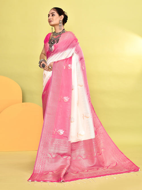 Dista Elora Pure Soft Silk Banarasi Weaving Silk Saree- White