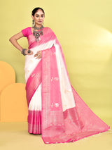Dista Elora Pure Soft Silk Banarasi Weaving Silk Saree- White, view 2