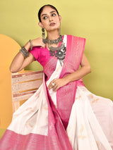 Dista Elora Pure Soft Silk Banarasi Weaving Silk Saree- White, view 5