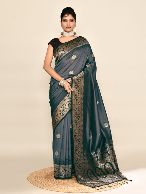 Dista Elora Pure Soft Silk Floral Designed Banarasi Weaving Saree- Grey & Black
