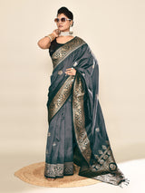 Dista Elora Pure Soft Silk Floral Designed Banarasi Weaving Saree- Grey & Black, view 2