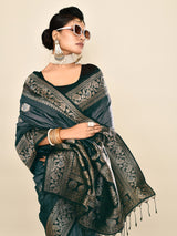 Dista Elora Pure Soft Silk Floral Designed Banarasi Weaving Saree- Grey & Black, view 3
