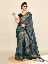 Dista Elora Pure Soft Silk Floral Designed Banarasi Weaving Saree- Grey & Black, view 4