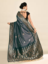 Dista Elora Pure Soft Silk Floral Designed Banarasi Weaving Saree- Grey & Black, view 6