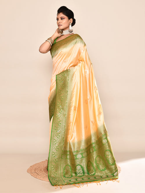 Dista Elora Pure Soft Silk Floral Designed Banarasi Weaving Saree- Light Yellow & Parrot Green