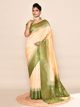 Dista Elora Pure Soft Silk Floral Designed Banarasi Weaving Saree- Light Yellow & Parrot Green, view 2