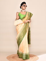 Dista Elora Pure Soft Silk Floral Designed Banarasi Weaving Saree- Light Yellow & Parrot Green, view 3