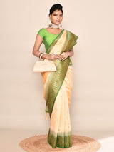 Dista Elora Pure Soft Silk Floral Designed Banarasi Weaving Saree- Light Yellow & Parrot Green, view 4