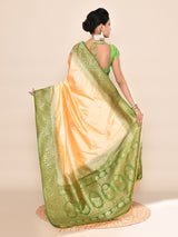 Dista Elora Pure Soft Silk Floral Designed Banarasi Weaving Saree- Light Yellow & Parrot Green, view 5