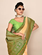 Dista Elora Pure Soft Silk Floral Designed Banarasi Weaving Saree- Light Yellow & Parrot Green, view 6