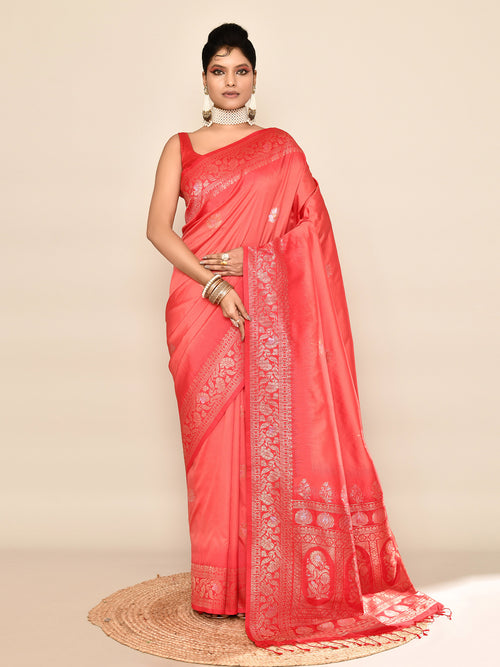 Dista Elora Pure Soft Silk Floral Designed Banarasi Weaving Saree- Peach & Red