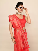 Dista Elora Pure Soft Silk Floral Designed Banarasi Weaving Saree- Peach & Red, view 2