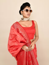 Dista Elora Pure Soft Silk Floral Designed Banarasi Weaving Saree- Peach & Red, view 3