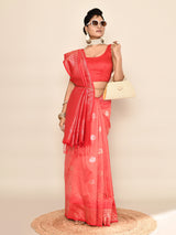 Dista Elora Pure Soft Silk Floral Designed Banarasi Weaving Saree- Peach & Red, view 4