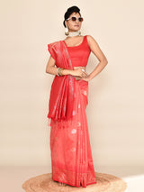 Dista Elora Pure Soft Silk Floral Designed Banarasi Weaving Saree- Peach & Red, view 5