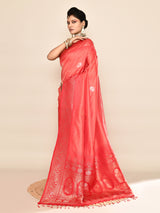 Dista Elora Pure Soft Silk Floral Designed Banarasi Weaving Saree- Peach & Red, view 6