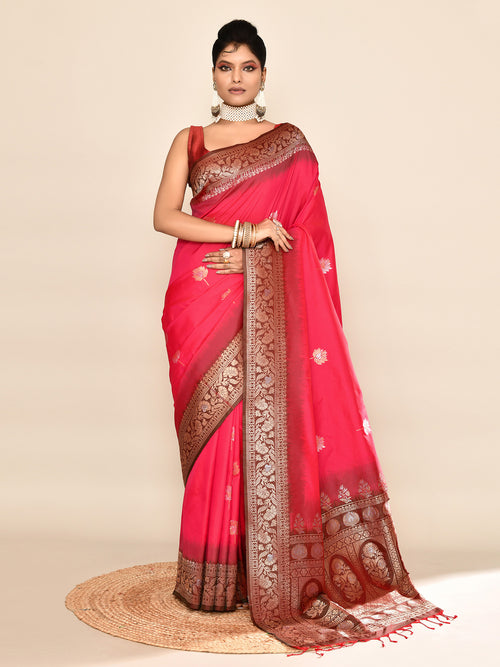 Dista Elora Pure Soft Silk Floral Designed Banarasi Weaving Saree- Rani Pink & Bottle Green