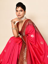 Dista Elora Pure Soft Silk Floral Designed Banarasi Weaving Saree- Rani Pink & Bottle Green, view 3