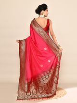 Dista Elora Pure Soft Silk Floral Designed Banarasi Weaving Saree- Rani Pink & Bottle Green, view 4