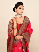 Dista Elora Pure Soft Silk Floral Designed Banarasi Weaving Saree- Rani Pink & Bottle Green, view 5