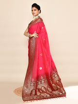 Dista Elora Pure Soft Silk Floral Designed Banarasi Weaving Saree- Rani Pink & Bottle Green, view 6