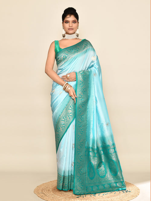Dista Elora Pure Soft Silk Floral Designed Banarasi Weaving Saree- Sky Blue & Rama