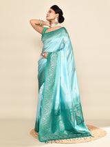 Dista Elora Pure Soft Silk Floral Designed Banarasi Weaving Saree- Sky Blue & Rama, view 2