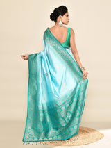 Dista Elora Pure Soft Silk Floral Designed Banarasi Weaving Saree- Sky Blue & Rama, view 3