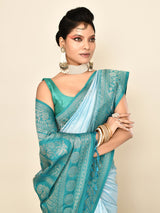 Dista Elora Pure Soft Silk Floral Designed Banarasi Weaving Saree- Sky Blue & Rama, view 4