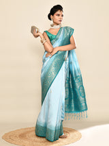 Dista Elora Pure Soft Silk Floral Designed Banarasi Weaving Saree- Sky Blue & Rama, view 6