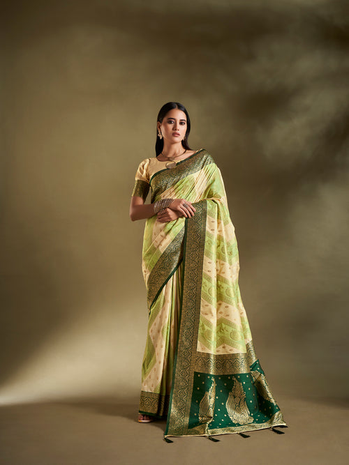 Dista Elora Pure Soft Silk Woven Designed Banarasi Saree- Cream & Light Green