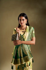 Dista Elora Pure Soft Silk Woven Designed Banarasi Saree- Cream & Light Green, view 2