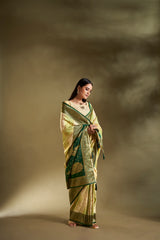 Dista Elora Pure Soft Silk Woven Designed Banarasi Saree- Cream & Light Green, view 3