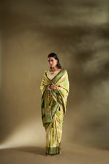 Dista Elora Pure Soft Silk Woven Designed Banarasi Saree- Cream & Light Green, view 4