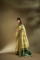 Dista Elora Pure Soft Silk Woven Designed Banarasi Saree- Cream & Light Green, view 5