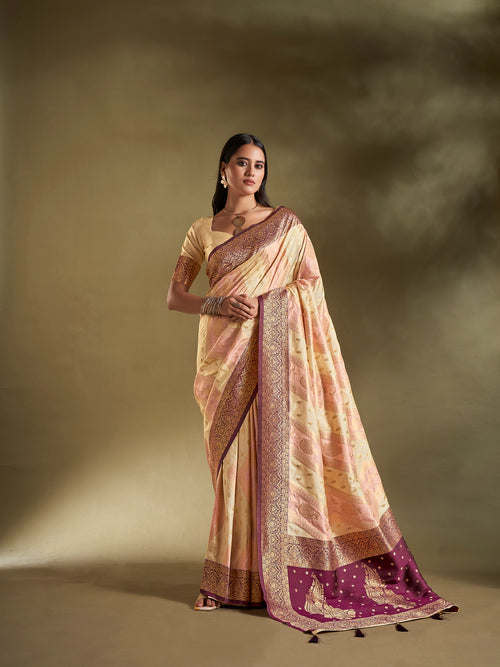 Dista Elora Pure Soft Silk Woven Designed Banarasi Saree- Cream & Light Pink