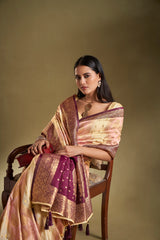 Dista Elora Pure Soft Silk Woven Designed Banarasi Saree- Cream & Light Pink, view 2