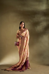Dista Elora Pure Soft Silk Woven Designed Banarasi Saree- Cream & Light Pink, view 3