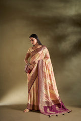 Dista Elora Pure Soft Silk Woven Designed Banarasi Saree- Cream & Light Pink, view 4